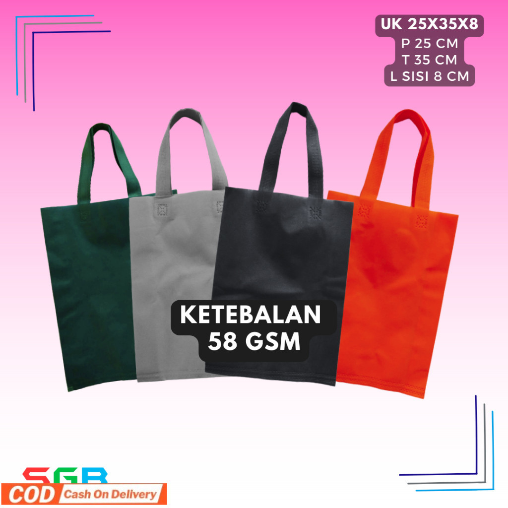 

Super ECONOMIS Goodie bag tali 25x35x8 58GSM harga per lusin / tas spunbond