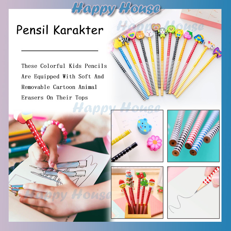 

Pensil Kartun Lucu Motif Garis Polkadot Pensil Karakter + Penghapus Pensil Lucu Ada Penghapus 3D Pensil Fancy