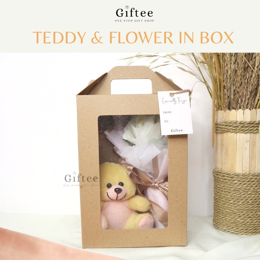 TEDDY AND FLOWER IN BOX FREYA BISA KIRIM LUAR KOTA BY QUEENDAY GIFT FLOWERS BOUQUET ROSE BUKET BUNGA