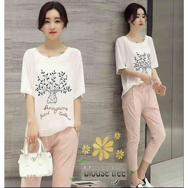 Baju Blouse tree RO Blouse Wanita spandek putih Kekinian