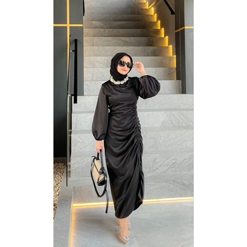 Andini Dress Satin Premium Velvet Satin / Dress Serut Satin//BAJU WANITA MODEL BARU / MURAH PROMO