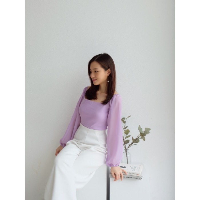 Crop Top Wanita Top Korea Tangan Chiffon 4 Varian Warna - Lilac