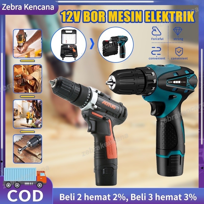 12V Bor Mesin Elektrik Drill  Set Reversible Mesin Bor Tangan Listrik 10MM Cordless Drill set