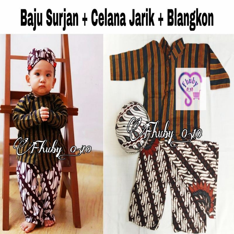 LURIK Setelan Surjan Lurik Anak - Baju+Celana Jarik Putih+Blangkon - Baju Adat Anak