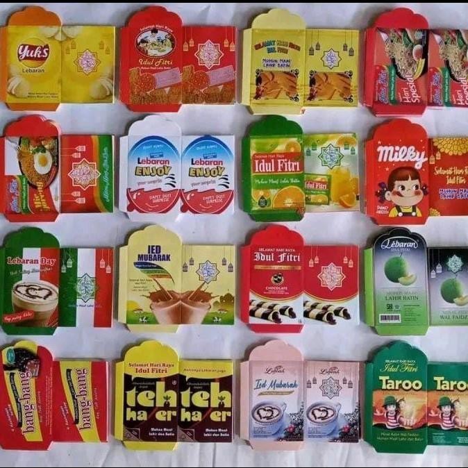 

amplop lebaran isi 2 pack, amlop karakter, amplop thr, amplop uang variasi bungkus makanan