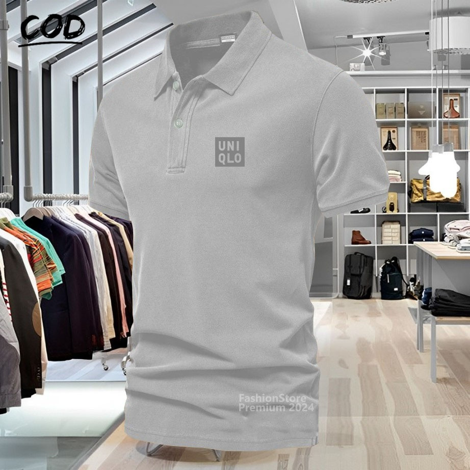 Baju Distro Polo Kerah Uniqlo + Lengan Text Silver Kaos Polo T Shirt Denim Premium Quality Atasan Pr