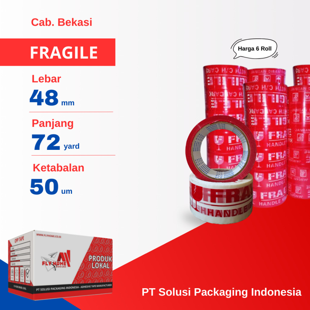 

FLYHOME 6Roll Lakban Fragile Merah Putih 48x72Y 2inci Uk Besar 72 Yard