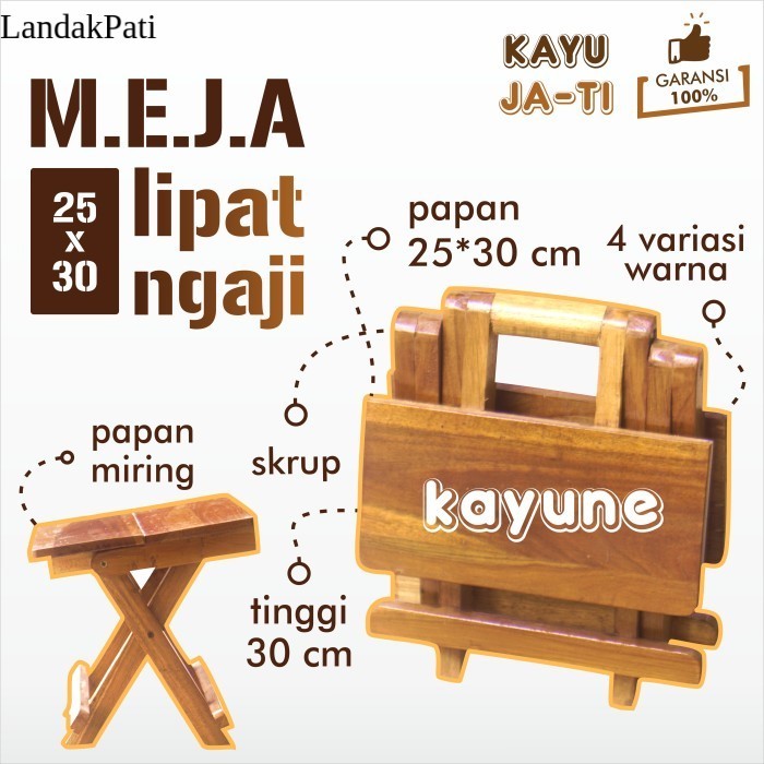 Meja Lipat Rekal Ngaji Mini 25x30 cm Papan Miring Material Kayu Jati Solid - kayune - - Mentah halus