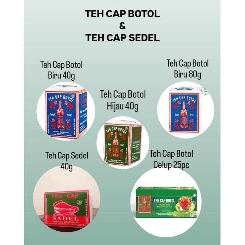 

Teh Cap Botol Celup Isi 25 Dan Teh Cap Botol Bubuk Kemasan 40gr dan 80gr Warna Biru Dan Hijau & Teh Cap Sedel Bubuk Kemasan 40gr