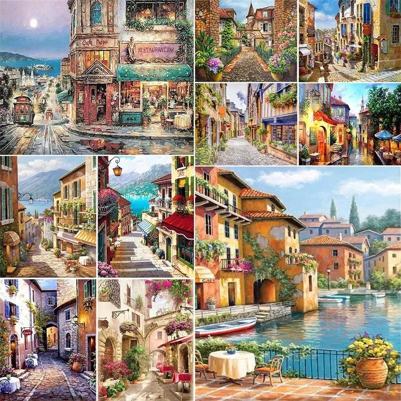 

111688 Canvas Painting Package DIY Acrylic Paint By Numbers Adults Wall Art For Living Room Home Decoration Europe Seaside Town