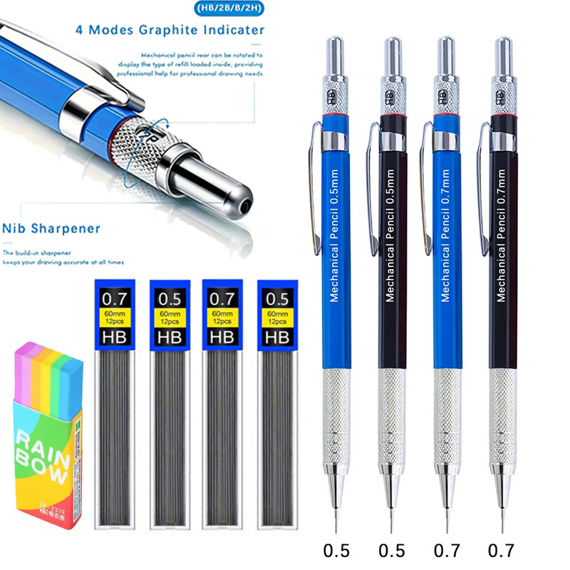 

4pcs/set Metal Mechanical Pencil Set 0.5 0.7mm Lead Art Drawing Painting Automatic Pencil School Office Supplies Stationery