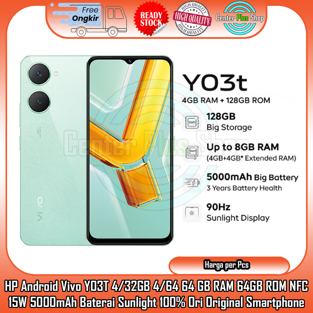 Vivo Y03T 4/32GB 15W AI Dual Camera Flashcharge 4/64GB RAM 4 64 GB 5000 mAh Layar Sunlight 90 Hz And