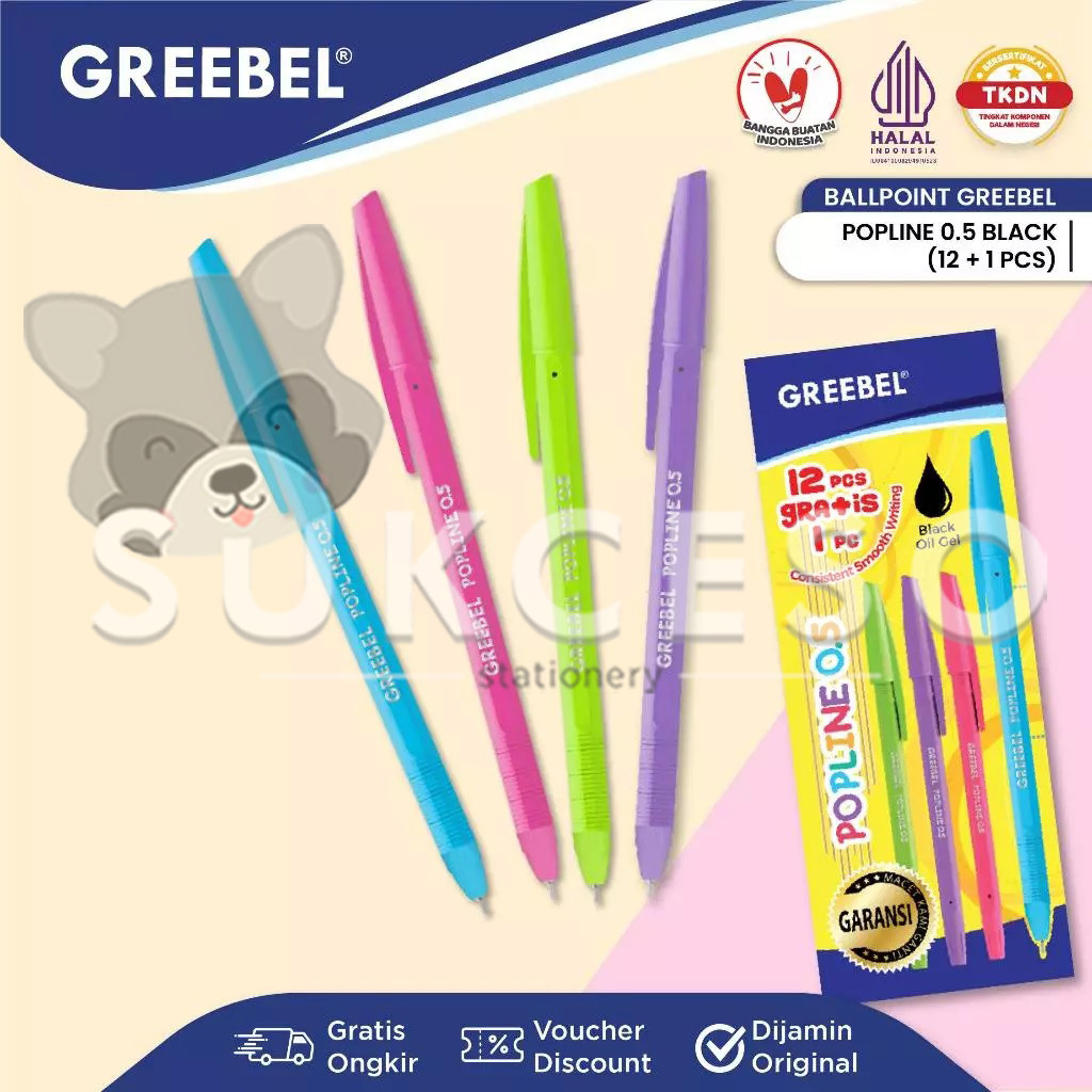 

GREEBEL Ballpen 0.5mm POPLINE Black DIJUAL LUSINAN Isi 12+1 Ballpoint Pulpen Murah