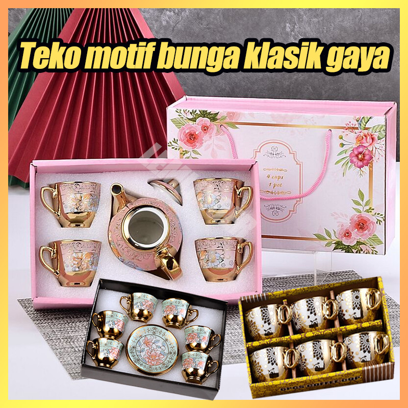 Set Teko, Cangkir Dan Piring Keramik / Gaya Klasik Eropa / Cangkir Teko Mawar Bermotif Bunga Porsele