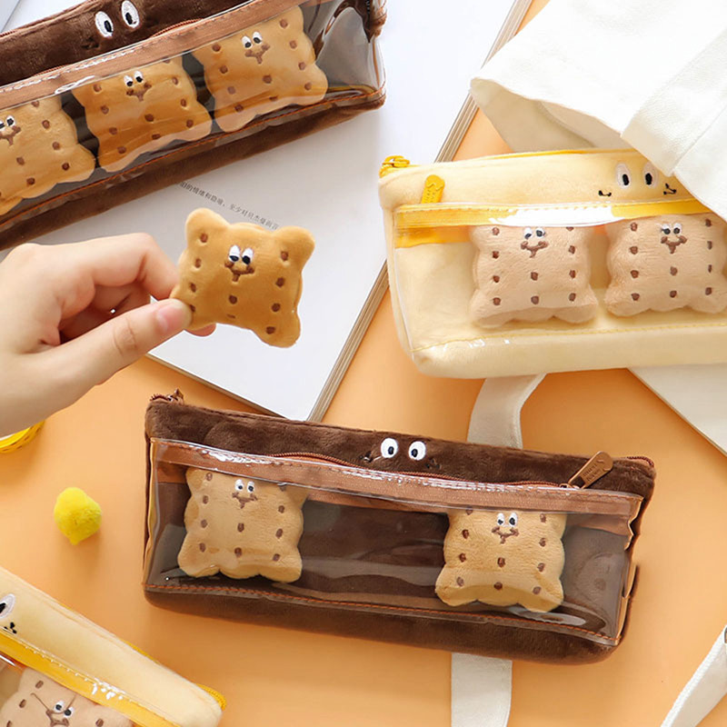 

Biscuit Pencil Case Kawaii Pencil Bags Cute Japanese Stationery Brooch Pen Case School Supplies Plush Girls School Pencil Cases