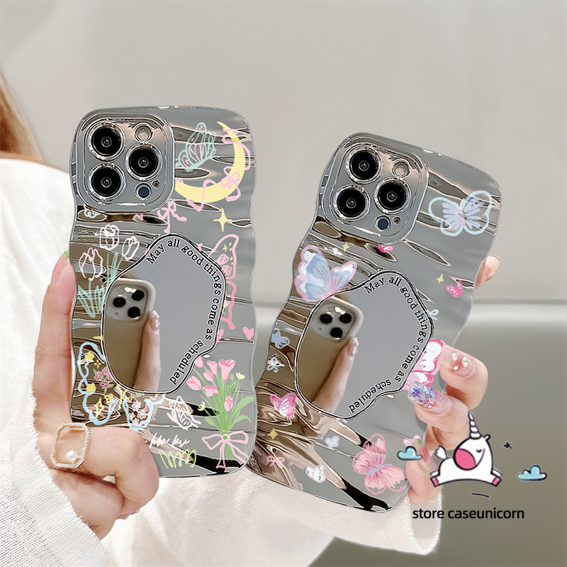Caseunicorn Untuk Oppo A12 A36 A15 A16 A17 A5s A54s A54 A78 A7 A58 A3s A1K A31 A9 A5 2020 A16s A72 A96 A52 A35 A17K A76 A55 Reno 8 4F 7 8T 5 6 7Z 8Z A11 A12E Romantic Butterfly Flowers Cartoon Painting Dreamy Starry Tulips Wavy Edge Make Up Mirror Case