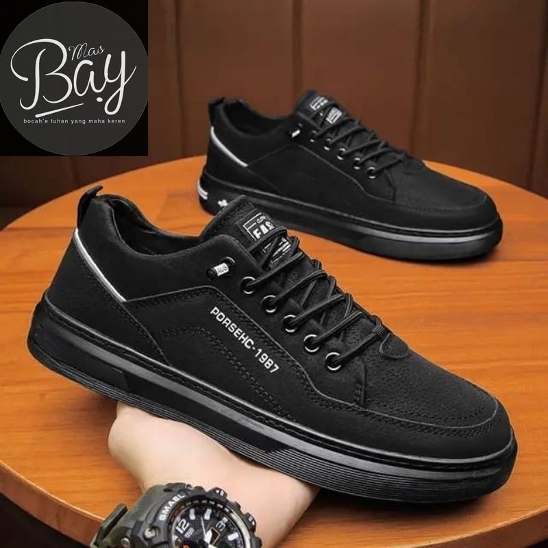 Leedoo Sepatu Pria Sneakers Casual Original Tali Hitam Formal Sepatu Sneakers Sekolah Full Black Kek