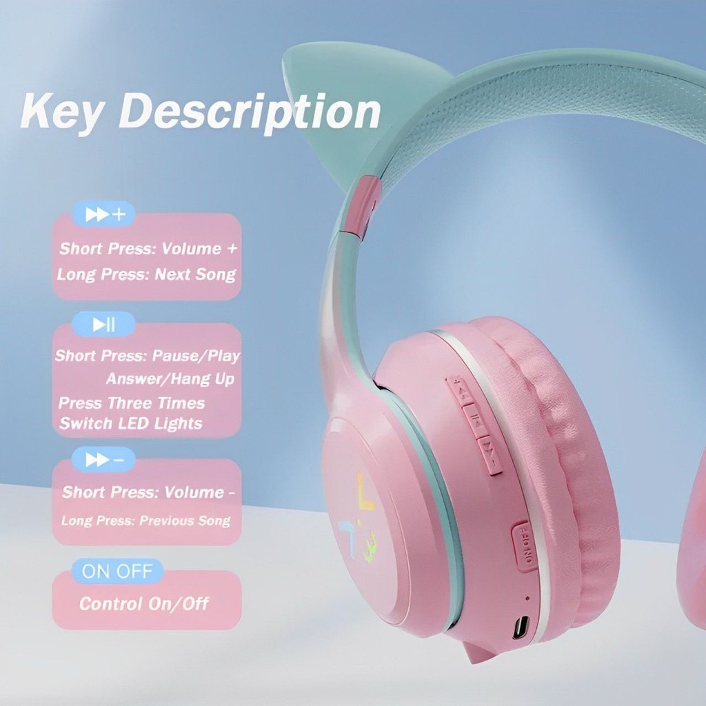 BESTPROMO Headphone RGB Headset Hadiah Anak Perempuan Kucing Lucu dengan Mikrofon Headset Gaming
