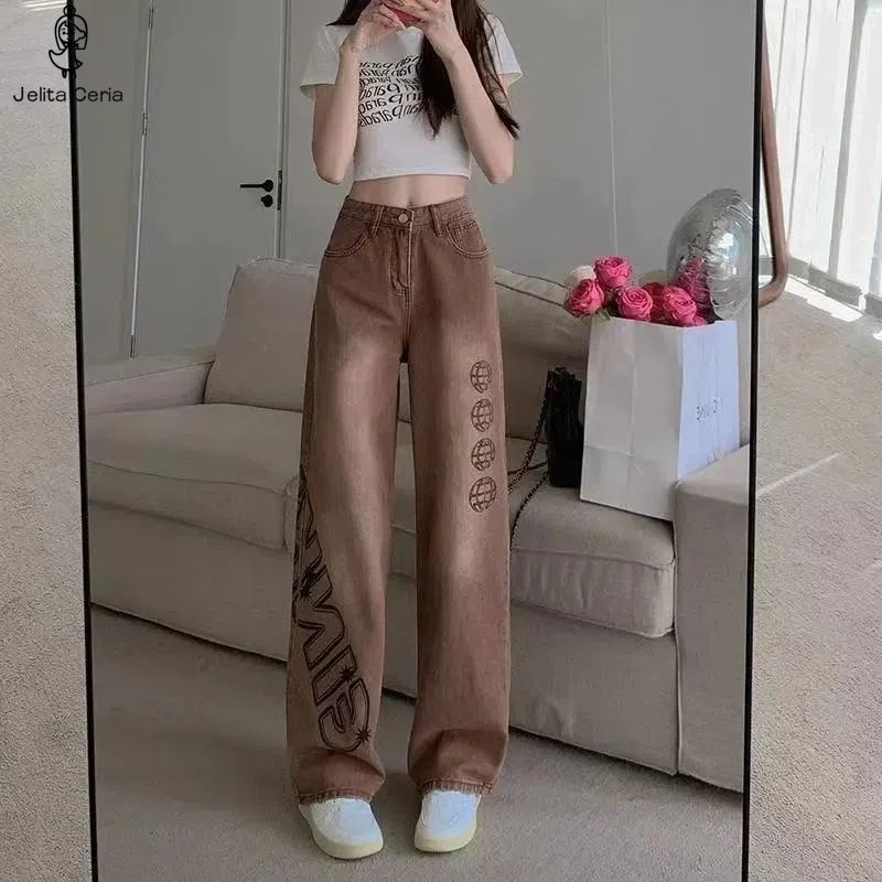 [ COD✅ ] JelitaCeria Jeans Cetak Coklat Gaya Eropa Dan Amerika Untuk Wanita Celana Panjang Lurus Kak