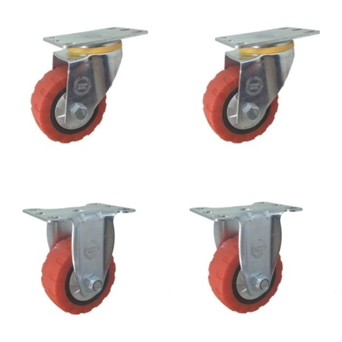 Roda Troli Pu Merah Kembang 3 inch Medium Duty (2 Hidup 2 Mati)