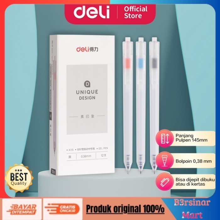 

[[KUALITAS TERBAIK]] Deli Gel Pen / Pulpen Gel 0.38mm Tinta Hitam Isi 12pcs Retracable A115 COD