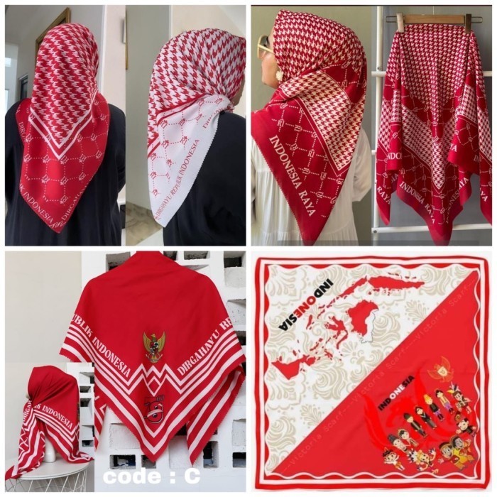 Jilbab Merah Putih Segiempat Motif/ Jilbab Kemerdekaan/ Jilbab