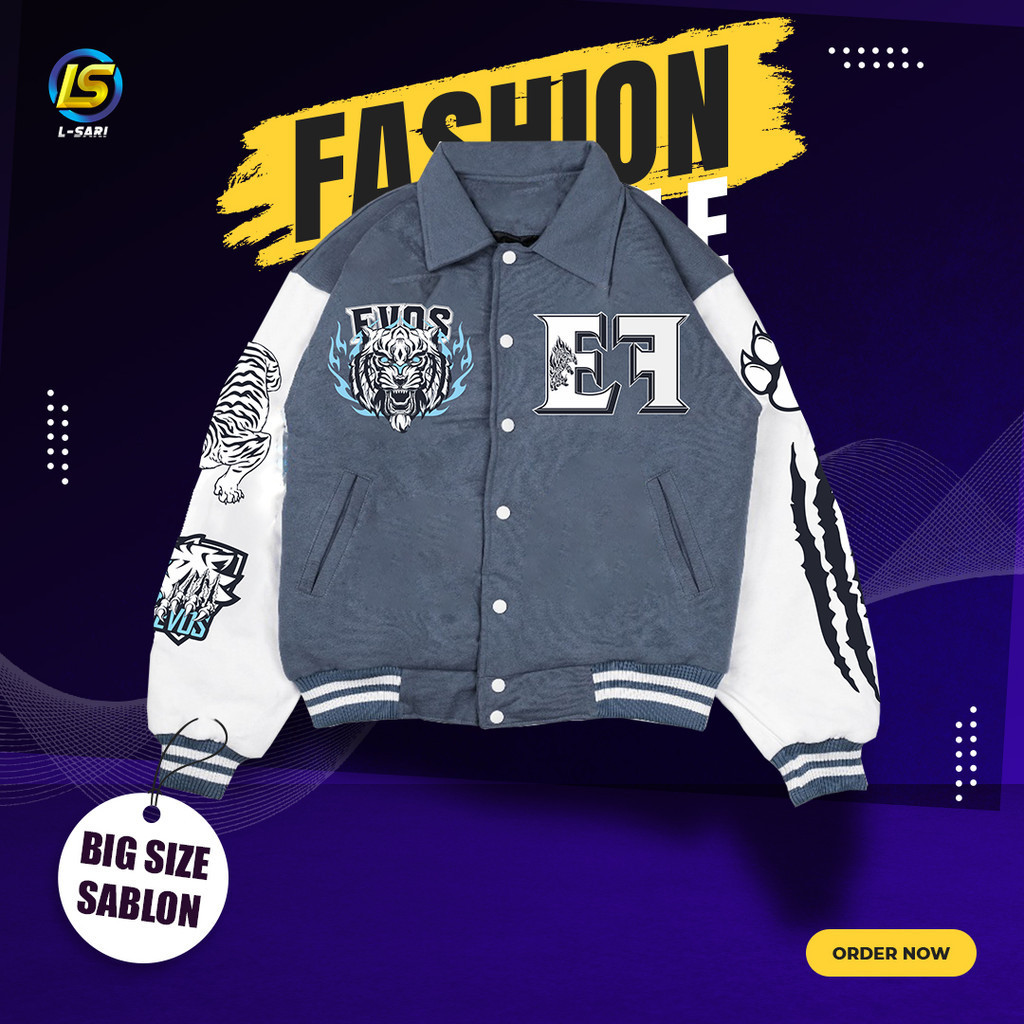 JAKET VARSITY EVOS PRIA WANITA DEWASA RRQ ONIC ALTER EGO AP BREN ECHO BIGETRON OVER SIZE S M L XL XX