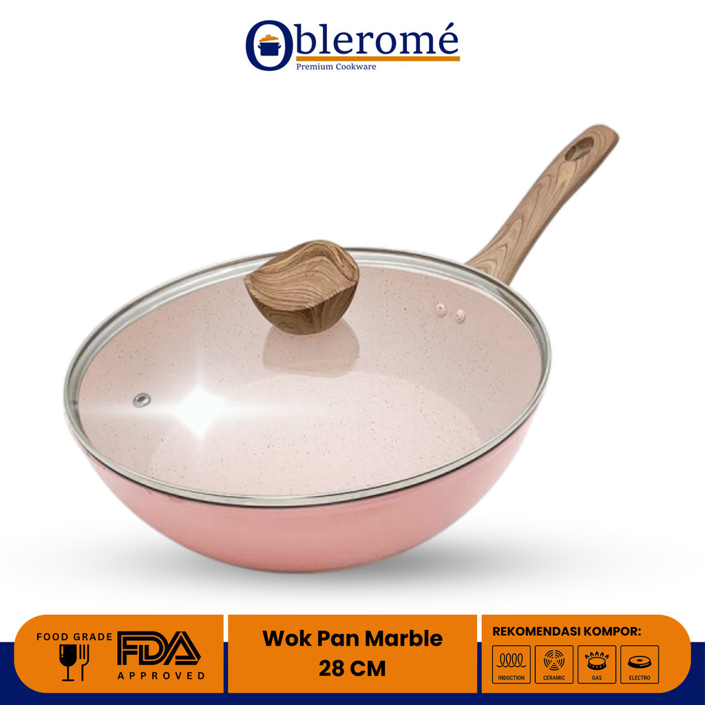 OBLEROME - Deep Pan Marble Granite 28 Cm + Tutup Kaca Wok Pan Granite