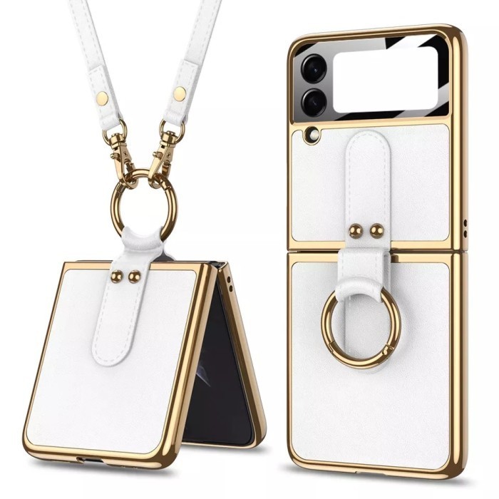 New[Promo] Case Samsung Galaxy Z Flip 4 Flip4 GKK Leather With Strap - White