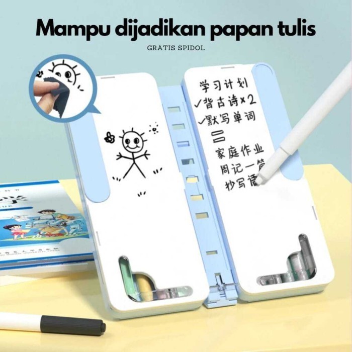 

✨NEW✨ -K002 Kotak Pensil Lipat Multifungsi Dengan Papan Tulis Tatakan Buku - K002 Biru