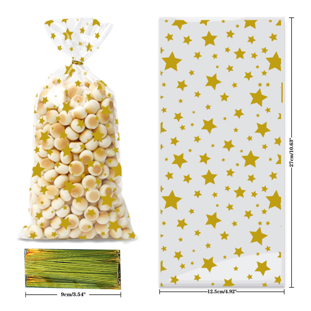 

50 PC PLASTIK KEMASAN BINGKISAN KUE COOKIES SNACK HAMPERS PESTA ULANG TAHUN ANAK MOTIF BINTANG STAR GOLD