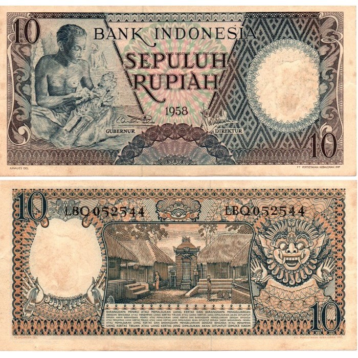 Uang Kertas 10 Rupiah Seri Pekerja Tangan I (Tahun 1958) AUNC