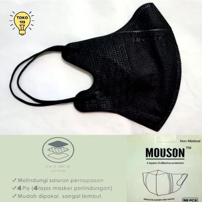 Duckbill MOUSON Masker 4 Lapis / 4 Ply Warna Hitam Harga Eceran Per 1 pcs lembar Mask Non Medis Orig