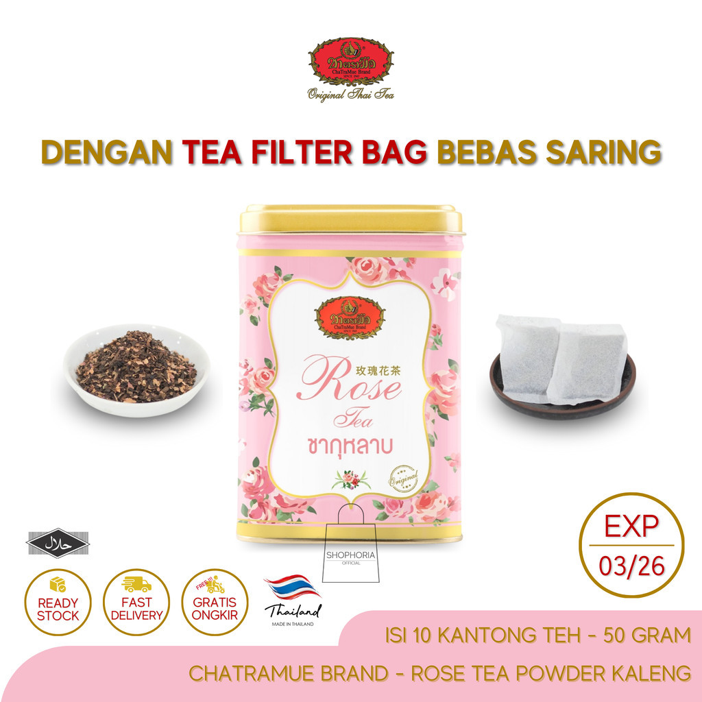 

Chatramue Brand Thai Rose Tea Powder Kemasan Kaleng Isi 10 Kantong Berat 50 Gram Original Thailand Teh Celup Filter Bag Instant Bebas Saring Rasa Flavour Bubuk Mawar Cha Tra Mue