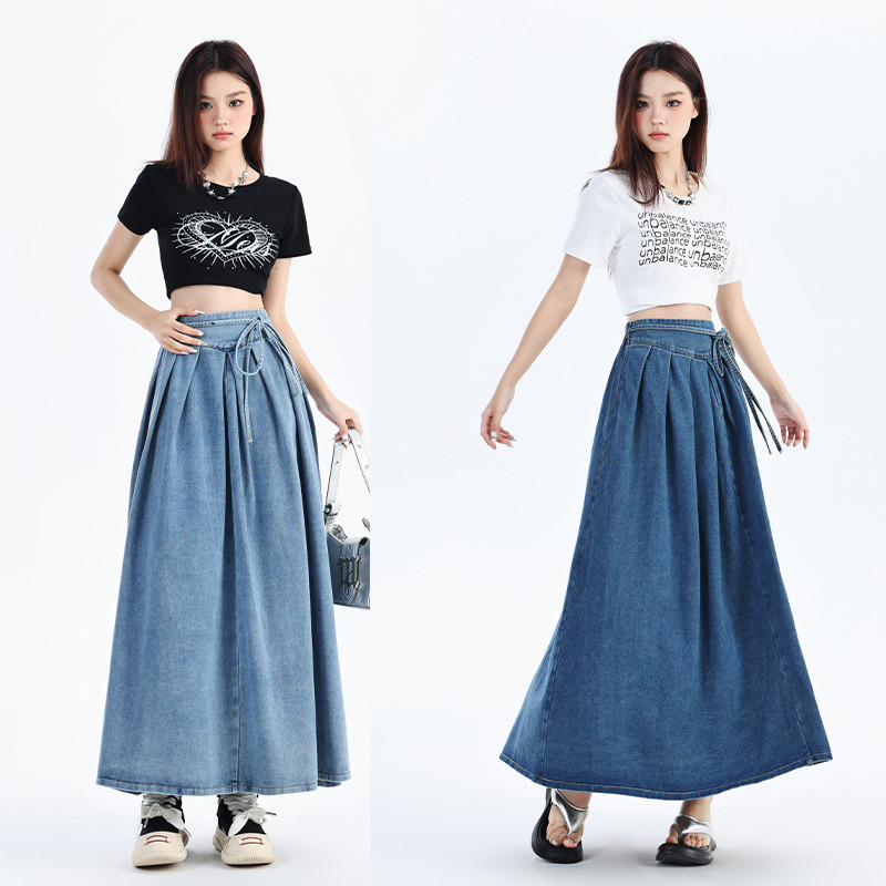 Rok Denim Wanita Rok Denim Pinggang Elastis Retro Wanita Rok Denim Retro Kasual Pinggang Tinggi Ramp