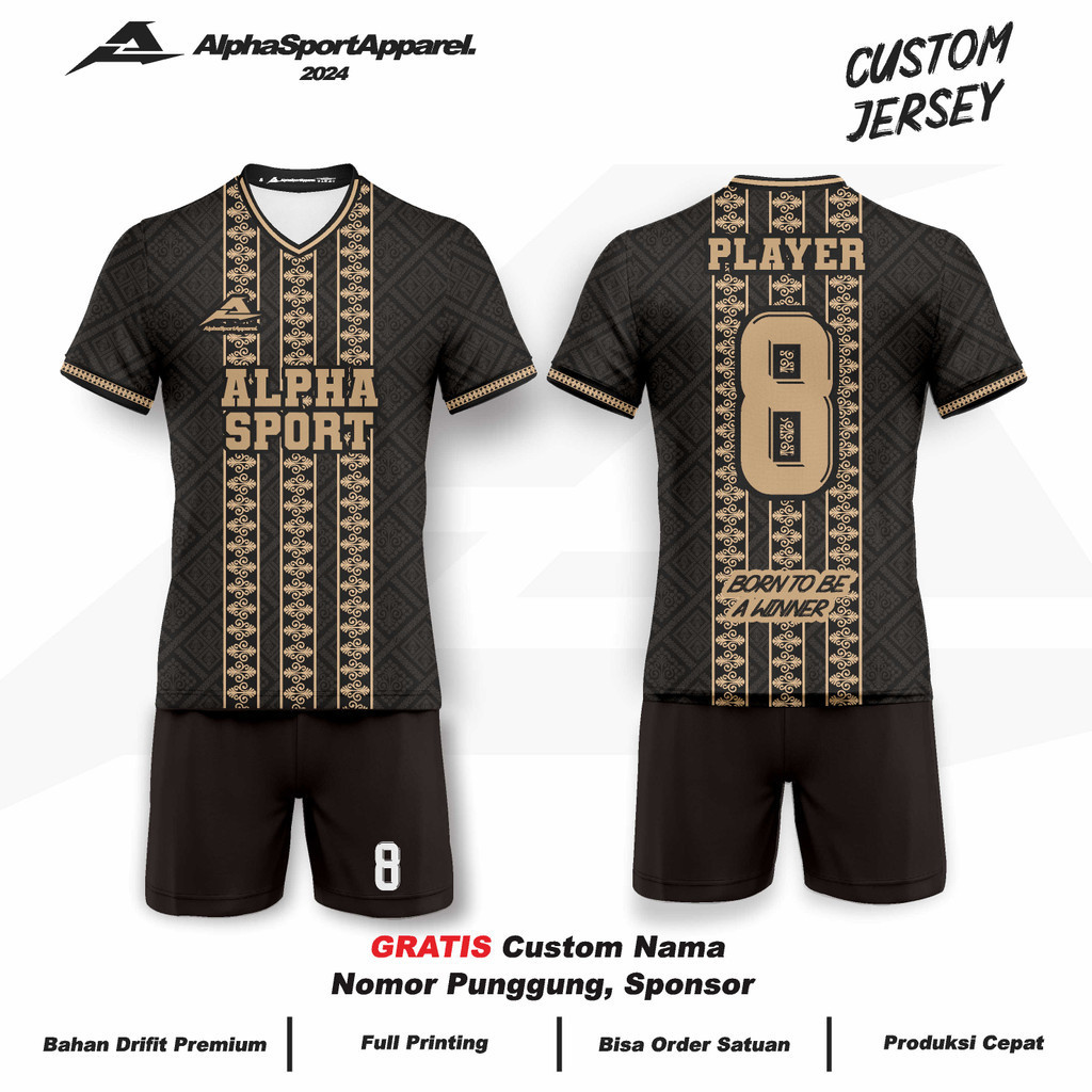Jersey  Bola Futsal Voli Badminton 246 Motif Batik Melayu Hitam Emas Gratis Custom Logo Nama Nomor W