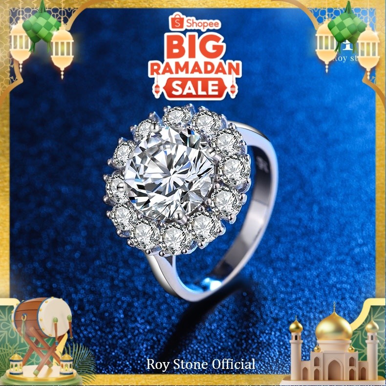 RoyStone - Cincin Wanita Moissanite Sertifikat GRA Original Lapis Emas - Sunflower Ring 4.2CT