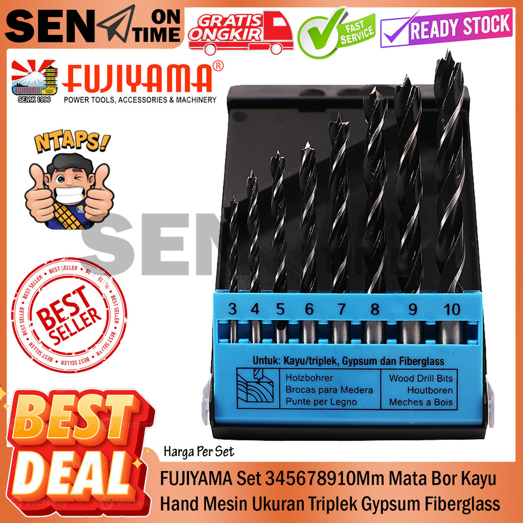 FUJIYAMA Set 345678910Mm Mata Bor Kayu Size Wood Hand Mesin Ukuran Triplek Gypsum Fiberglass Baja Ri
