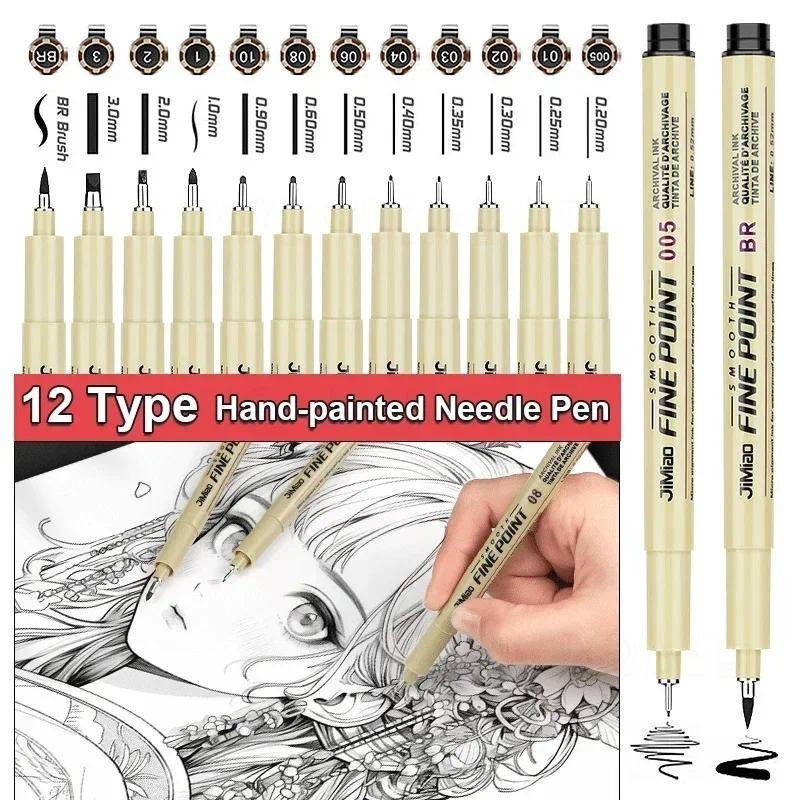 

12 Nibs Pigment Liner Micron Ink Marker Pen for Manga Draw Sketching Needle Pen Hook Line Pen Sketch Stationery Set Art Supplies
