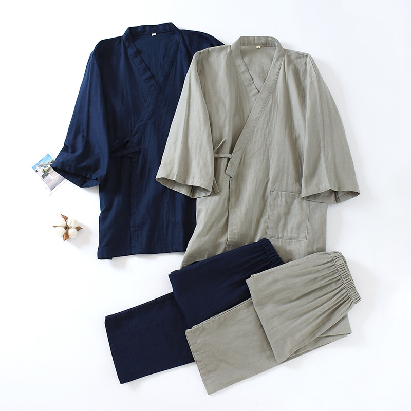 Man Cotton Spring/Autumn Japanese Kimono Mens Pajamas Male Lace-Up Homewear Traditional  Haori Yukat