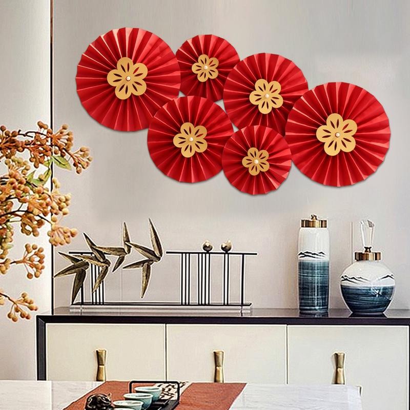 

6pcs Red Hanging Paper Fan Chinese New Year Wedding Paper Fans Set Flower Paper Craft Background Wall Decor Festival Supply