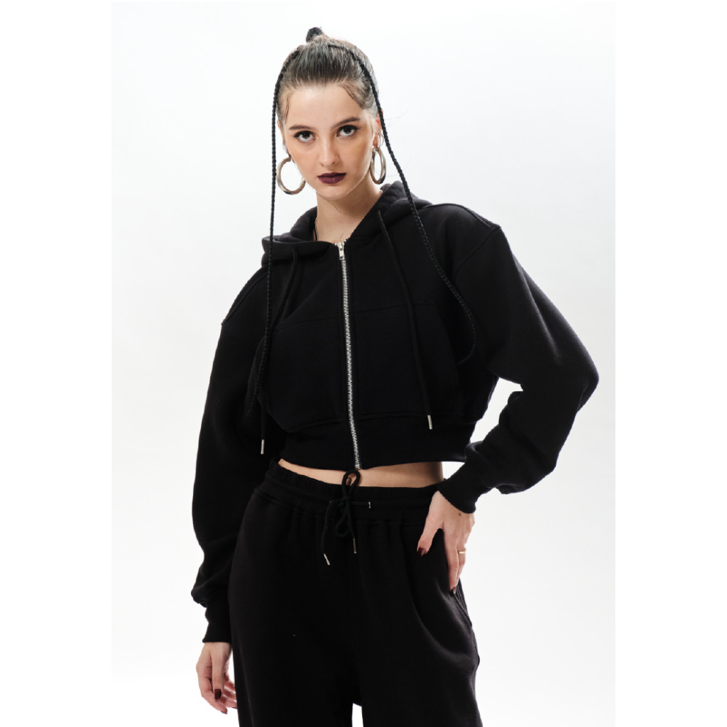 [BEST DEALS] OCWA FREJA BLACK CROP ZIPPER HOODIE