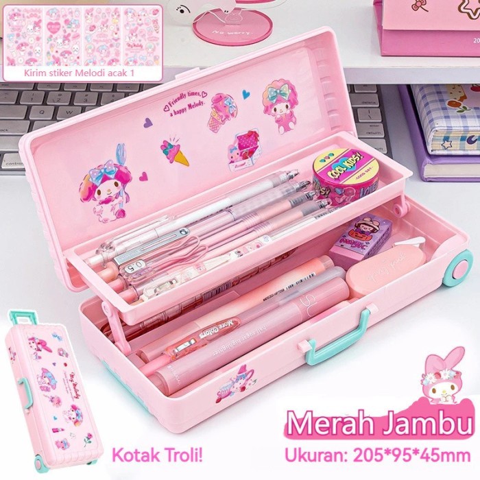 

[New]PROMO Kotak Alat Tulis Berbentuk Kotak Troli Lucu Dengan Stiker Sanrio Lapisan Ganda Kotak Pensil Plastik - Merah Muda