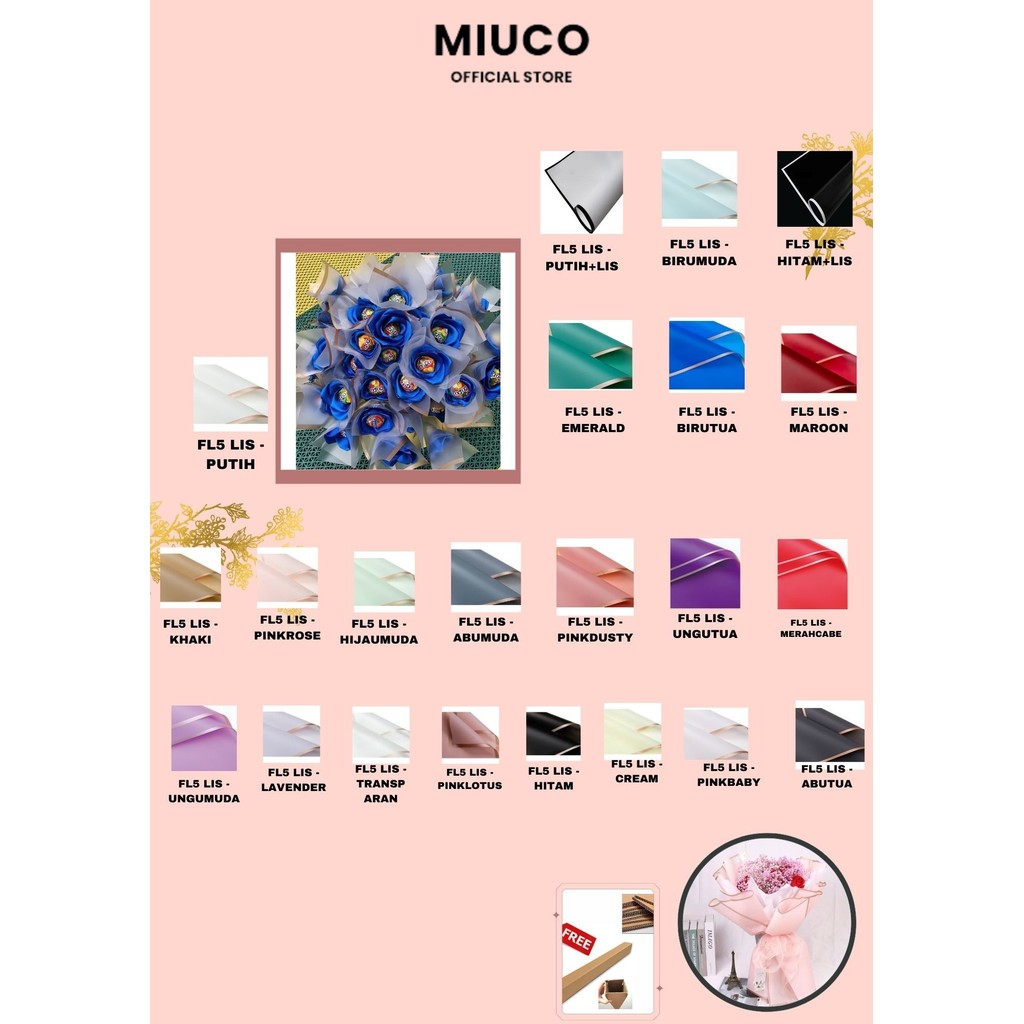 

MIUCO - FL5 LIS 5Lembar-Kertas Bunga Buket Transparan List Emas/Kertas Buket Bunga Florist Cellophane