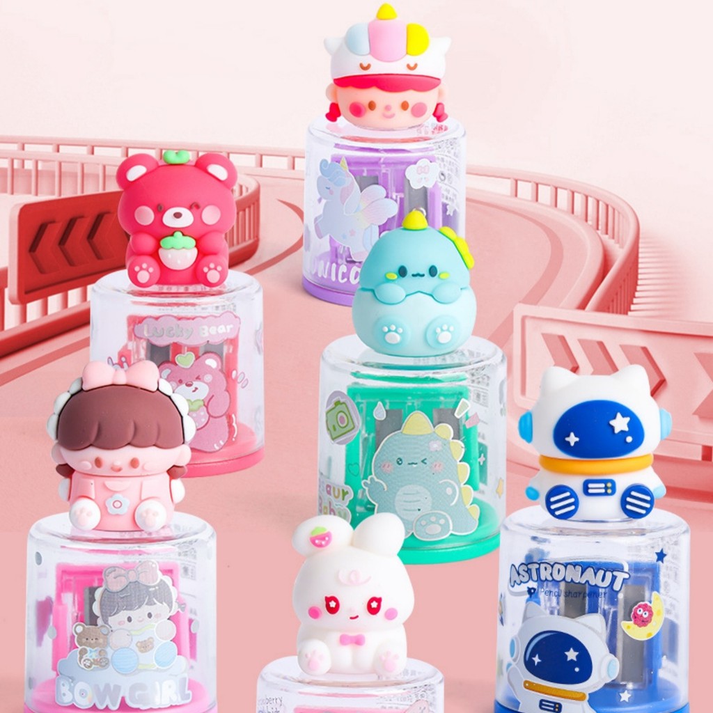 

1pc 3D three-dimensional cartoon creative design double-hole pencil sharpener, with silicone ornaments,multiple size pencils