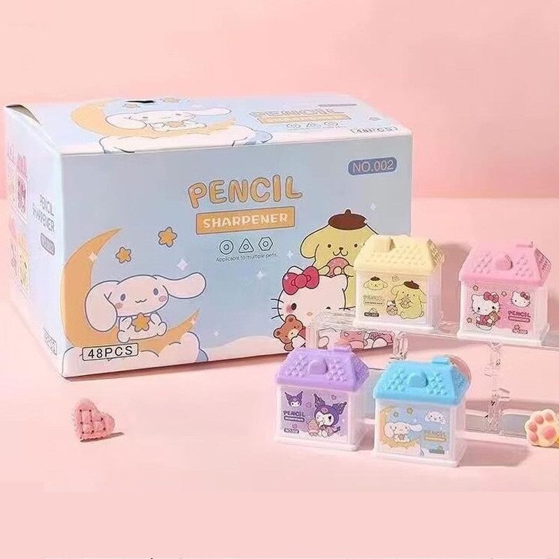 

4pcs Kawaii Cartoon Kuromi Pencil Sharpener Mini House Model Hello Kitty My Melody Pencil Sharpener Student Stationery Supplies