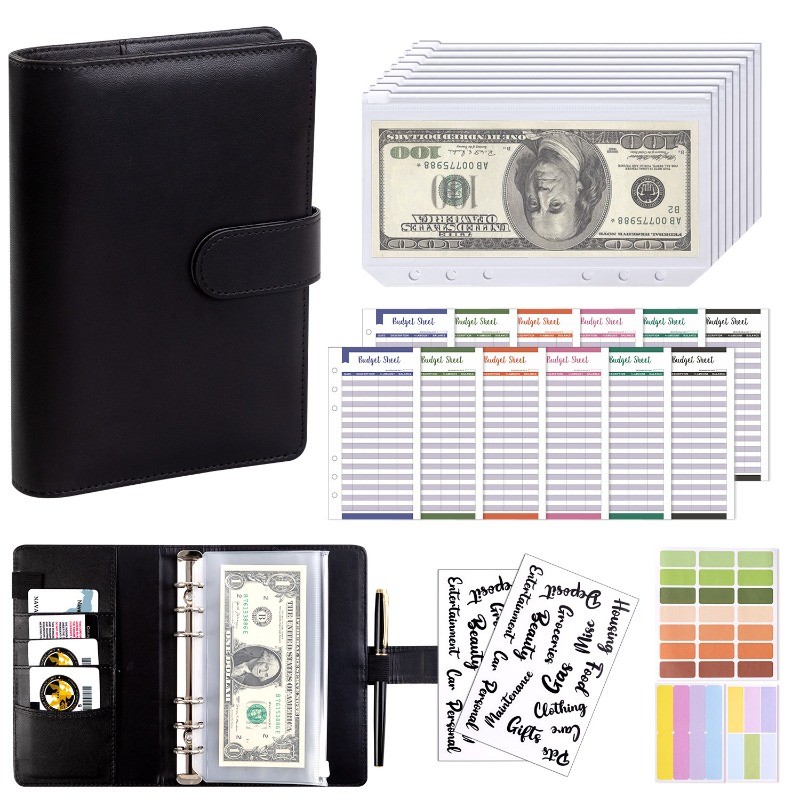 

PU Leather Budget Binder with Cash Envelopes Pockets Zip Small French Budget Pouch Binder for Saving Money A6 Planner Organizer