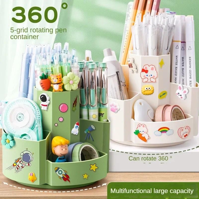 

Kawaii Desktop Pen Holder 360°rotatable 5gird Large-capacity Cute Stationery Creative Multifunctional Storage Box Desk Organizer