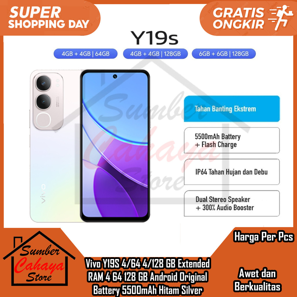 Vivo Y19S Android Smartphone 50 MP AI Camera 5500 mAh 15W Watt Flashcharge Dual Speaker Audio Boost 