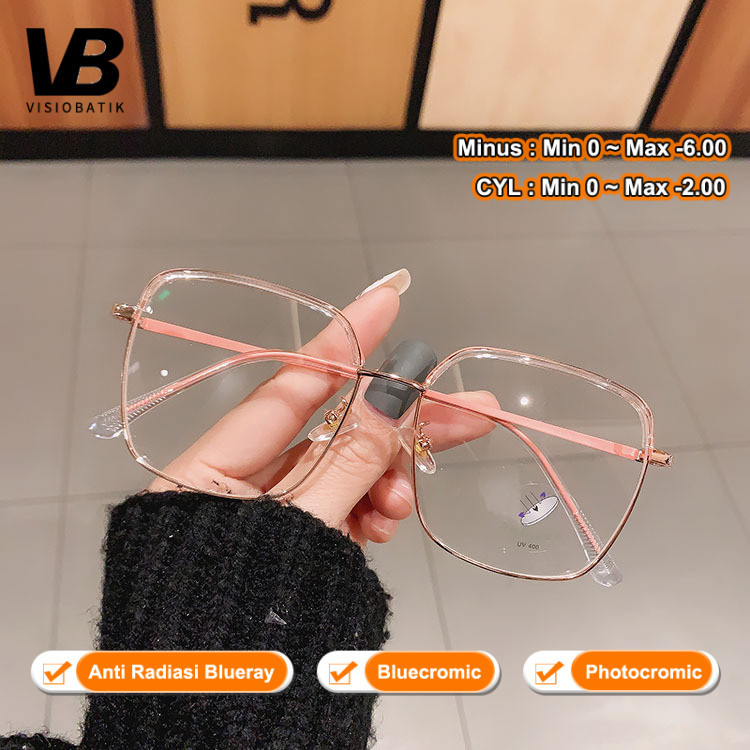 VisioBatik Kacamata Minus Wanita Photocromic Anti Radiasi Blueray Bingkai Besar Besi Frame Fotocromi